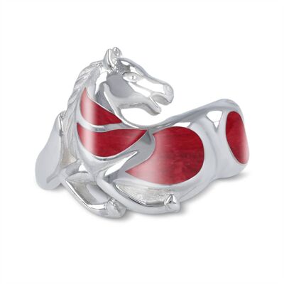 Red Coral Horse Ring on 925 Silver 50628-Co