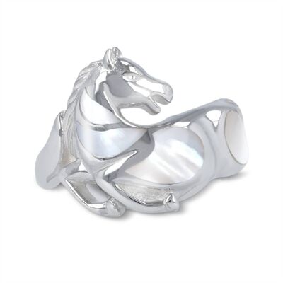 White Mother-of-Pearl Horse Ring on 925 Silver 50628-Ws