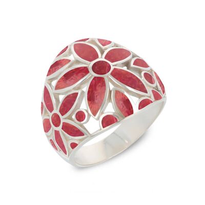 Red coral ring in 925 silver with handcrafted flower motif - Ø20mm
