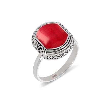 Ethnic Coral Ring on 925 Silver - Ring-ETHN-Coral