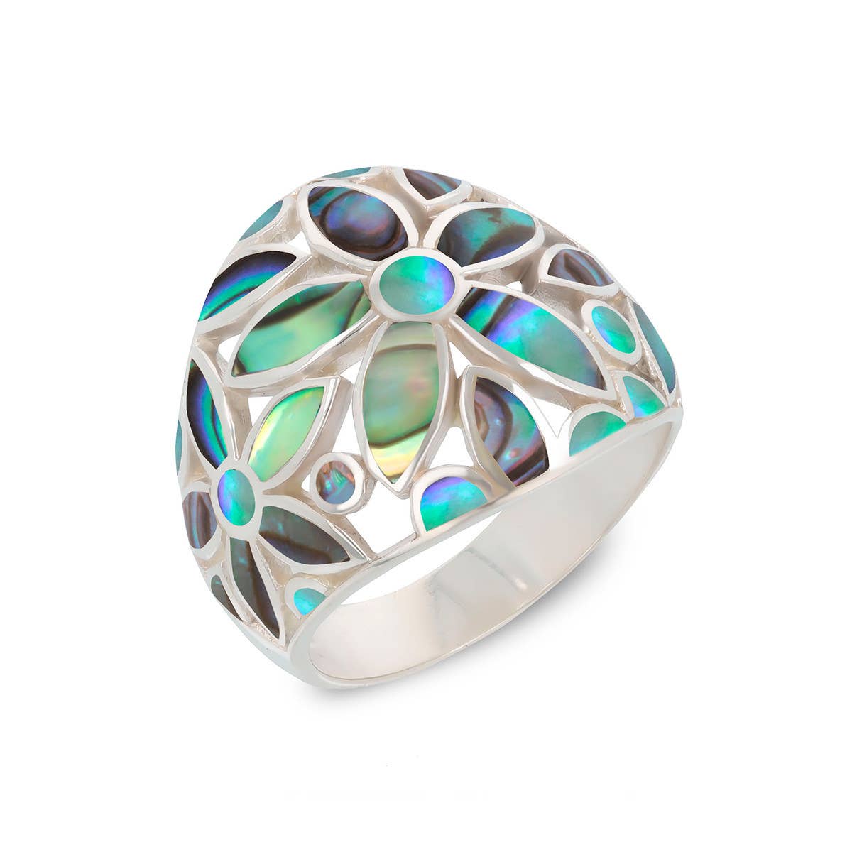 Bague nacre abalone argent 925 motif fleurs artisanale - Ø20mm