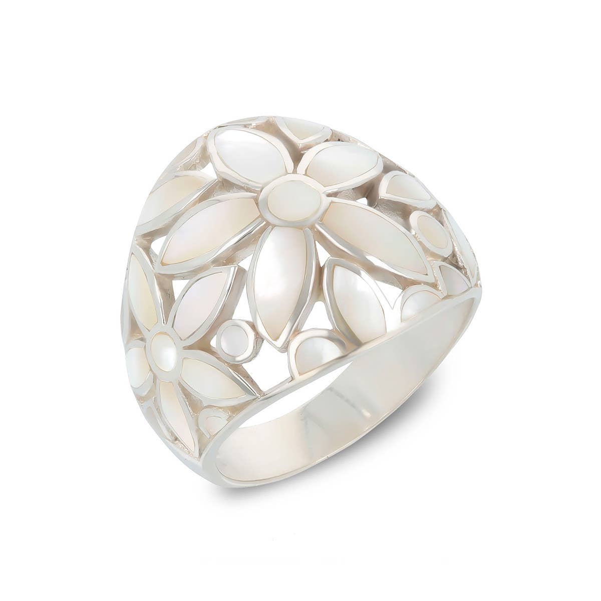 Bague nacre blanche argent 925 motif fleurs artisanale - Ø20mm