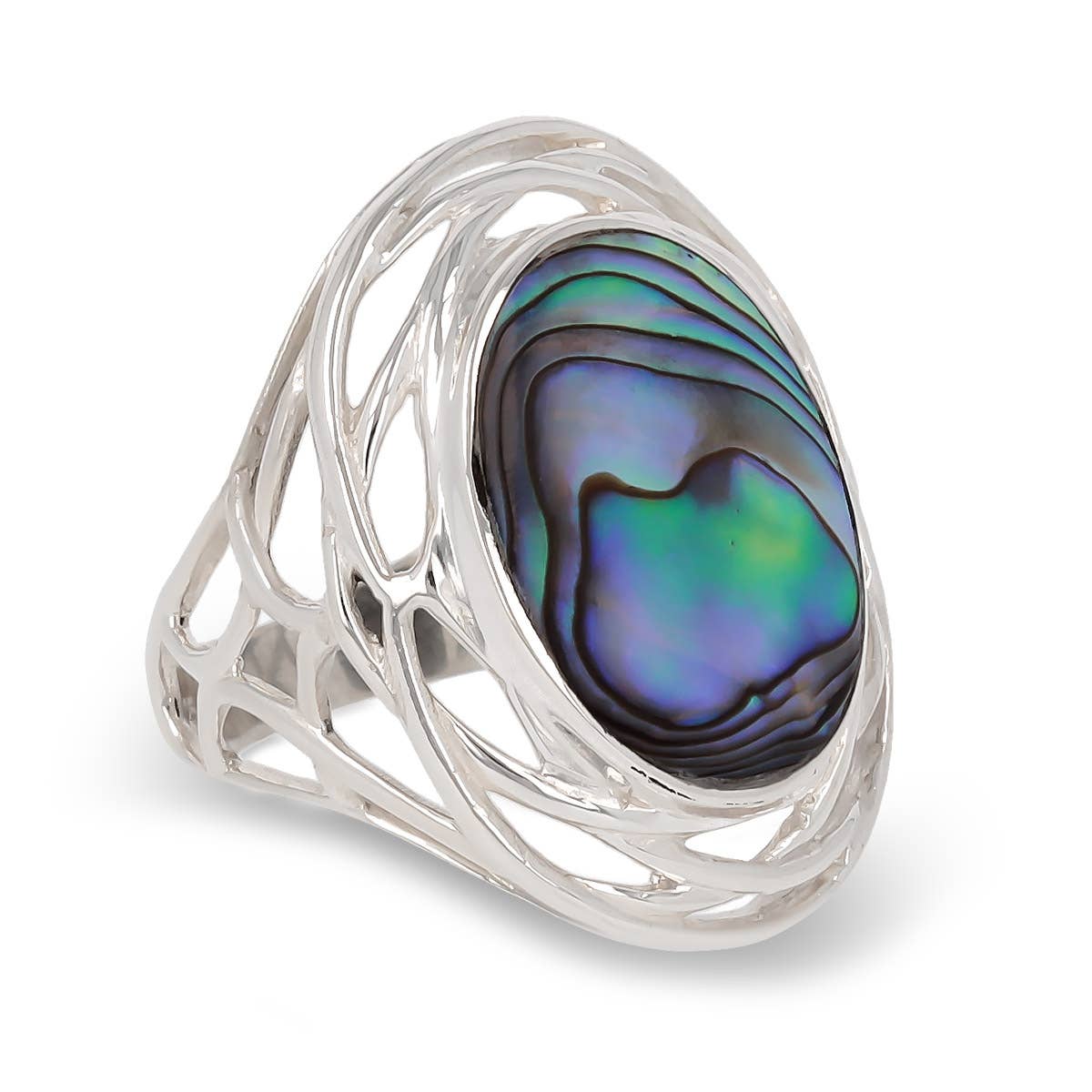 Bague nacre abalone argent 925 ovale nid couvrante artisanale - 25x15mm