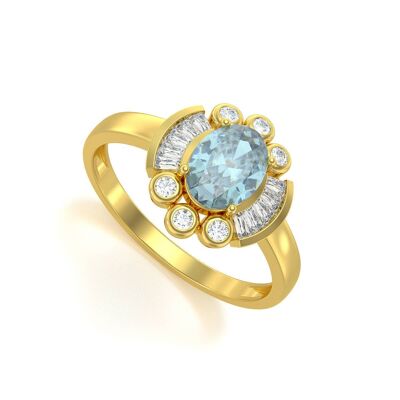 Ring aus Gelbgold mit Aquamarin und Diamant 2,10 g