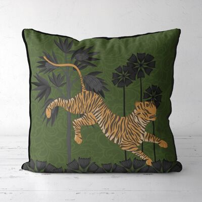 Leaping Tiger, Verdant green, Animalia Tropical Decor Pillow, Cushion cover, 45x45cm