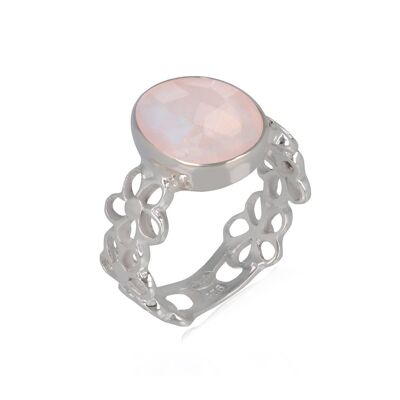 Anello con pietra di quarzo rosa Fiore d'argento 60606