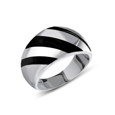 Black tinted mother-of-pearl striped ring on 925 silver 50626