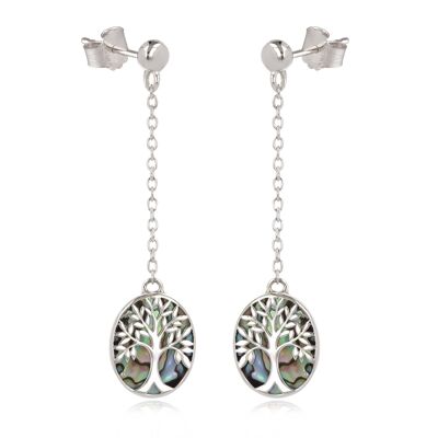 Pendientes artesanales de árbol de la vida con nácar y abulón en plata 925 (40 mm)