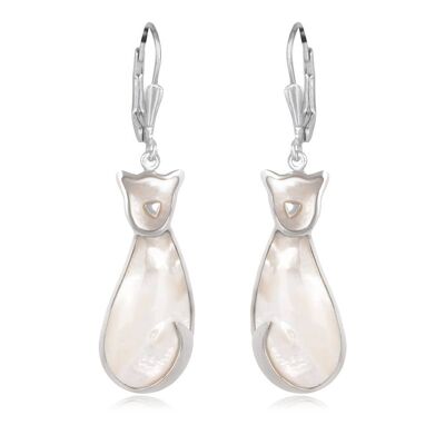 White Mother-of-Pearl Cat Earrings Set in 925 Silver 4595