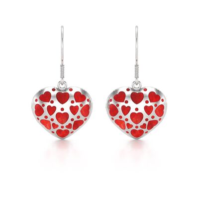 Red coral earrings 925 silver romantic heart handmade - 35x20mm