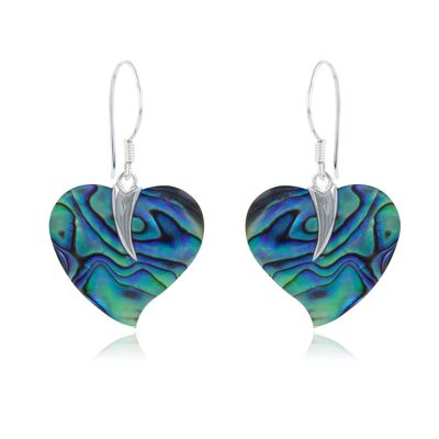 925 silver abalone mother-of-pearl earrings with iridescent heart, handmade - 40mm