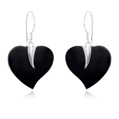 Boucles d'oreille coeur nacre teintée noire et argent 50376