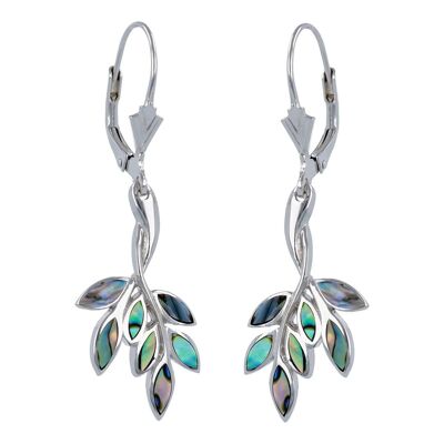 925 silver abalone mother-of-pearl olive branch earrings, handmade - 40mm