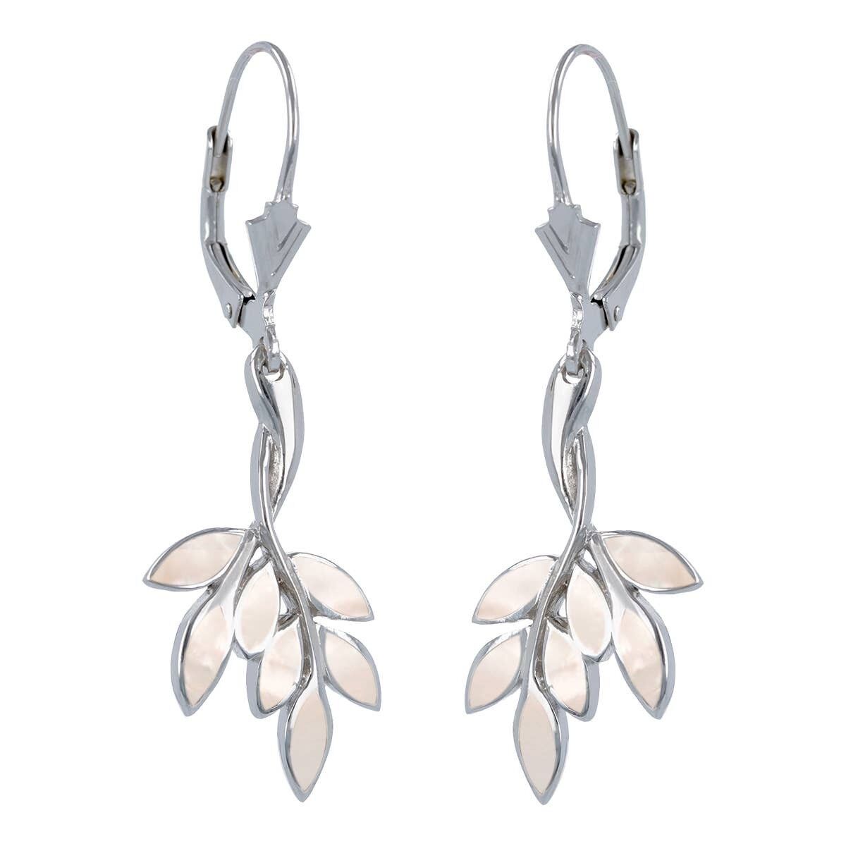 Weiße Perlmutt Ohrringe in 925 Silber mit Olivenzweig - 40mm