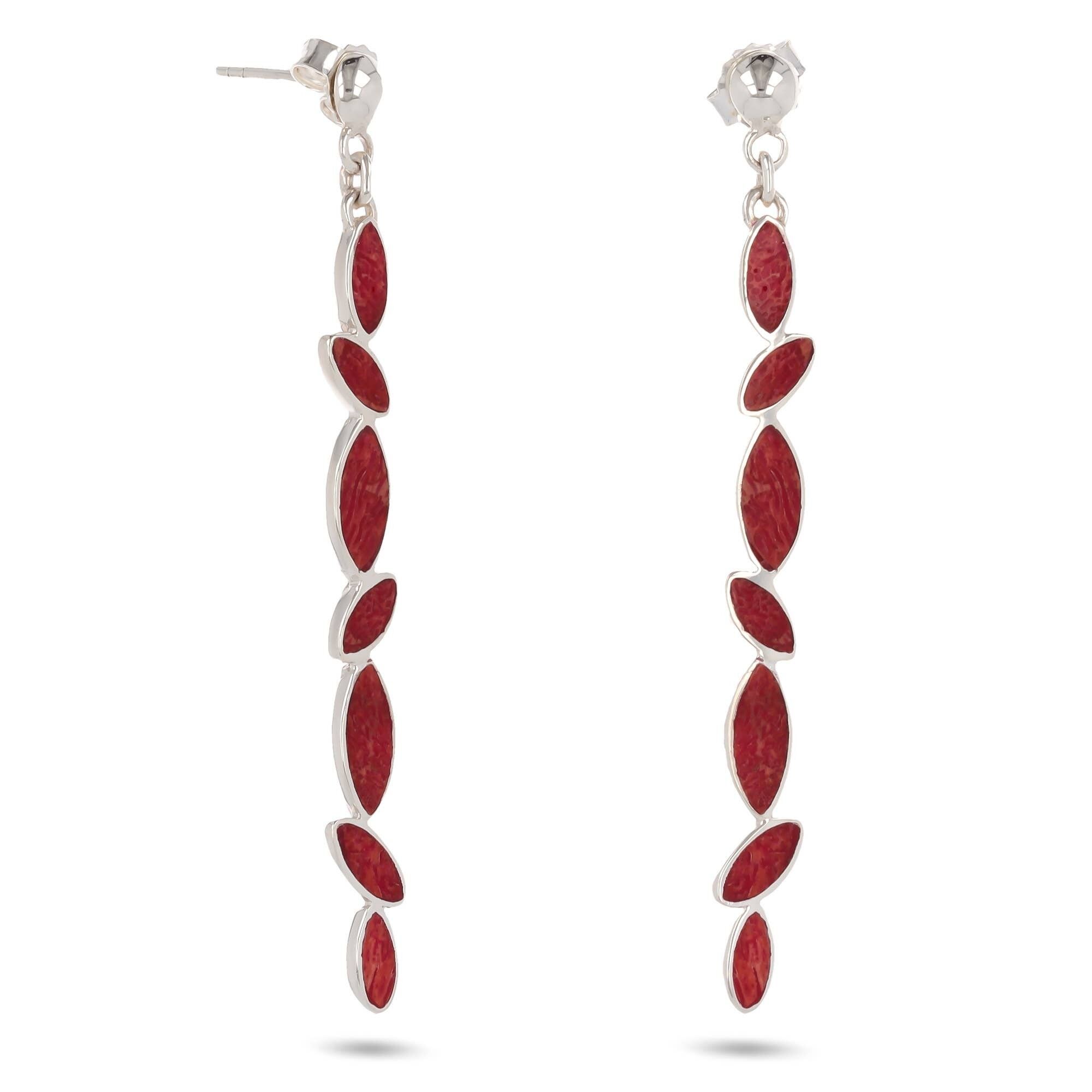 Rote Korallenohrringe in 925er Silber mit handgefertigten grafischen Blütenblättern – 60 mm