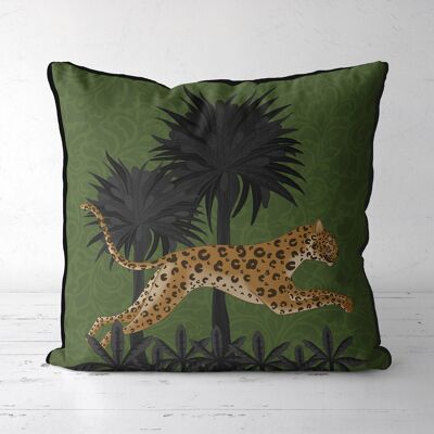Leaping Leopard, Verdant green, Animalia Tropical Decor Pillow, Cushion cover, 45x45cm