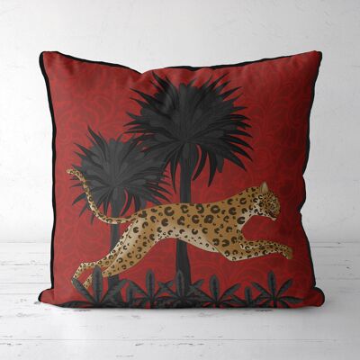 Leaping Leopard, Ruby red, Animalia Tropical Decor Pillow, Cushion cover, 45x45cm