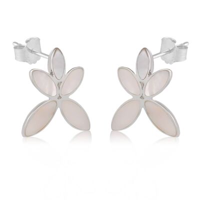 Orecchini in madreperla bianca in argento 925 con fiore asimmetrico lavorato a mano - 20mm