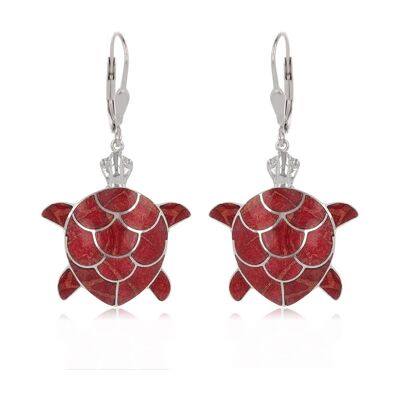Red Coral Turtle Earrings Set Silver K50353
