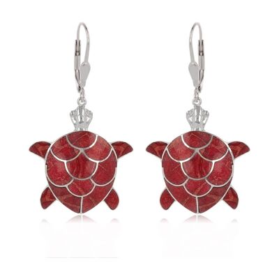 Orecchini in corallo rosso in argento 925 con tartaruga marina realizzata a mano - 40mm