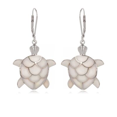 Orecchini in madreperla bianca in argento 925 con tartaruga marina realizzata a mano - 40mm