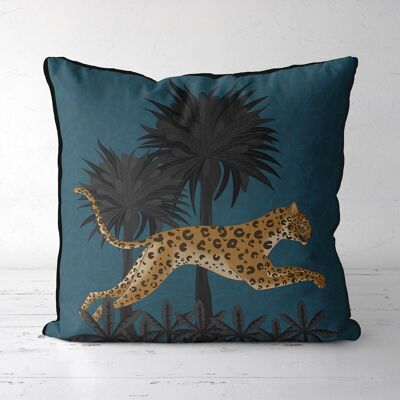 Leaping Leopard, Lagoon Blue, Animalia Tropical Decor Pillow, Cushion cover, 45x45cm