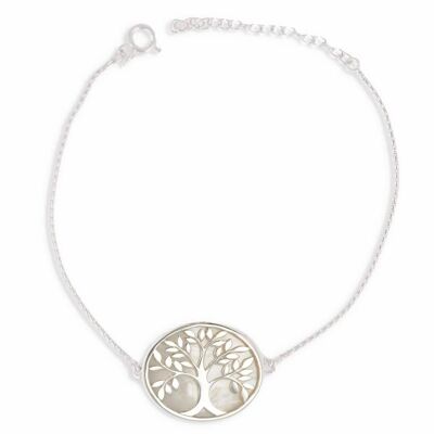 Weißes Perlmutt-Armband Lebensbaum aus rhodiniertem Sterlingsilber