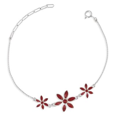 Pulsera de coral con tres flores en plata 925 - K50904