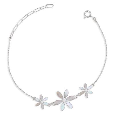 Adjustable bracelet White mother-of-pearl 3 flowers Silver K50902