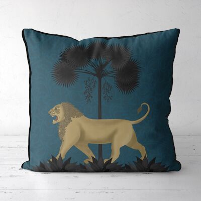 Lion Under Palms, Lagoon Blue, Animalia Tropical Pillow, Cushion cover, 45x45cm