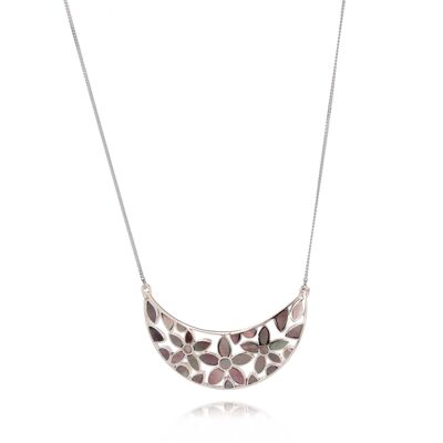 Gray mother-of-pearl flower necklace on solid silver chain 925 48015