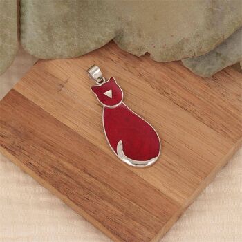 Pendentif Chat Corail Serti Argent 925 Rhodié 3113 2