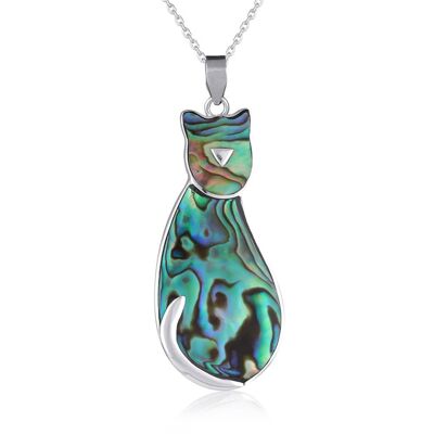 Mother-of-pearl abalone cat pendant set with 925 silver 3111