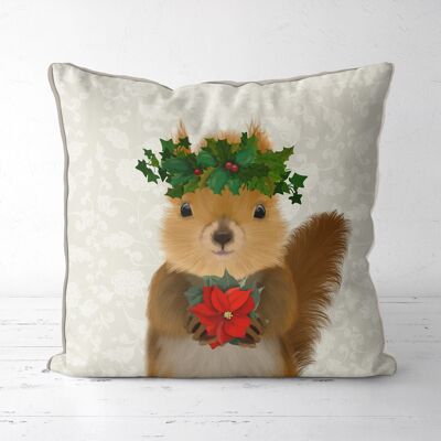 Squirrel and Holly Crown, Christmas Pillow, Cushion cover, 45x45cm
