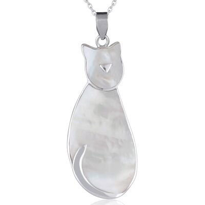 White mother-of-pearl pendant set with silver cat shape 3112