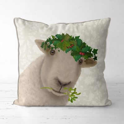 Sheep and Holly Crown, Christmas Pillow, Cushion cover, 45x45cm