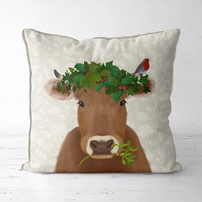 Cow and Holly Crown, Christmas Pillow, Cushion cover, 45x45cm
