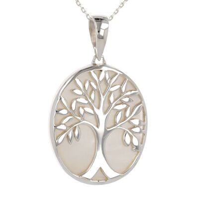 White Mother of Pearl Tree of Life Pendant Oval 925 Silver - K43046