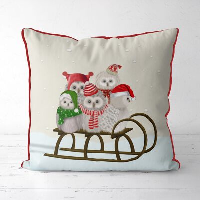 Owls Sledding in Snow, Christmas Pillow, Cushion cover, 45x45cm