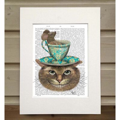 Cheshire Cat with Cup on Head, Book Print, Art Print, Wall Art