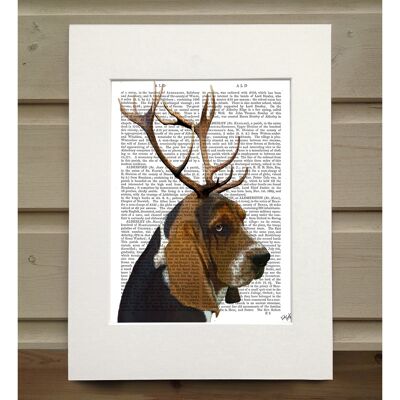 Basset Hound and Antlers, Book Print, Art Print, Wall Art