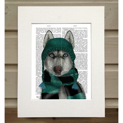 Husky in Hat and Scarf, Book Print, Art Print, Wall Art