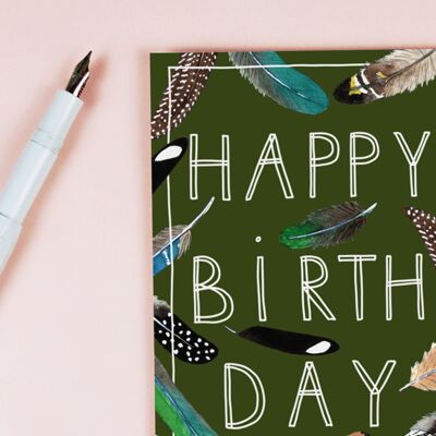 Carte postale anniversaire plumes vertes