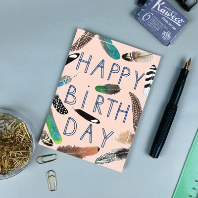 Carte postale anniversaire plumes rose