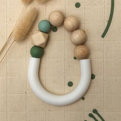 Water green and green teething ring in silicone and beech wood