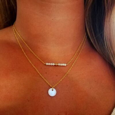 Double Row Necklace in White Mother-of-Pearl and Golden Stainless Steel