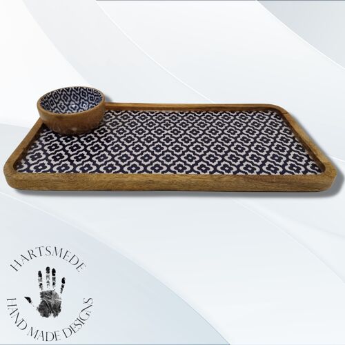 Wooden Serving Platter with Dip Tray, Charcuterie board, Snack Platter Printed Sambal Blue