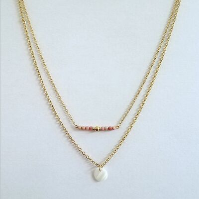 Double Row Necklace in Pink Jasper and Golden Stainless Steel