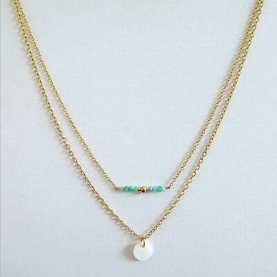 Double Row Necklace in Amazonite, Mother-of-Pearl and Golden Stainless Steel