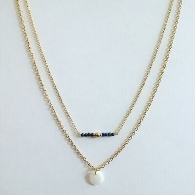 Double Row Necklace in Lapis Lazuli, Mother-of-Pearl and Golden Stainless Steel